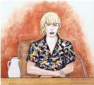  ??  ?? In this courtroom sketch by Jeff Kandyba, pop singer Taylor Swift testifies during the trial Thursday in Denver of a disc jockey she accuses of assaulting her.