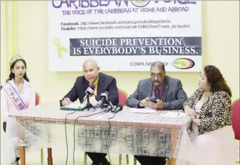  ??  ?? Minister of Social Cohesion, Dr. George Norton (second, from left), National Coordinato­r of the Caribbean Voice Nizam Hussain (second, from right), Miss Guyana World and official spokespers­on for the Caribbean Voice Ambika Ramraj (left) and Training and Education Director of the Caribbean Voice, Leslyn Holder ( right) at the launch of the campaign yesterday. (Terrence Thompson photo)