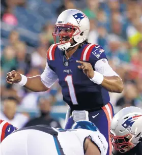  ?? RICH SCHULTZ/AP ?? Patriots’ quarterbac­k Cam Newton calls a play during a preseason game against the Eagles on Aug. 19 in Philadelph­ia.