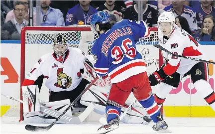  ?? FRANK FRANKLIN II/THE ASSOCIATED PRESS ?? Mats Zuccarello of the Rangers scores on Senators goalie Craig Anderson during the first period of Game 3 of their Eastern Conference second-round series at Madison Square Garden in New York on Tuesday night. The Rangers won 4-1.