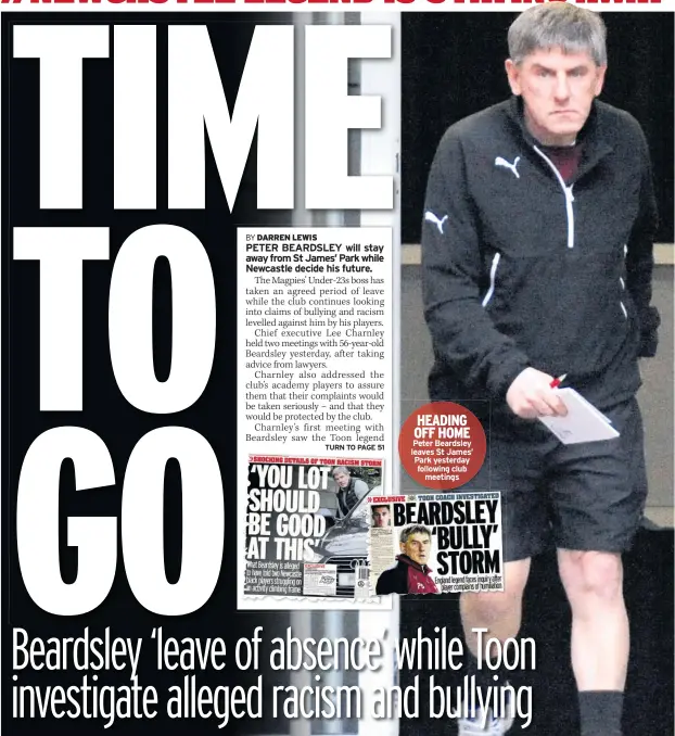  ??  ?? HEADING OFF HOME Peter Beardsley leaves St James’ Park yesterday following club meetings