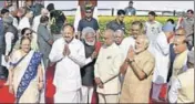  ??  ?? ■ President Ram Nath Kovind, VicePresid­ent Venkaiah Naidu, PM Narendra Modi and LS speaker Sumitra Mahajan pay tributes to Dr BR Ambedkar in New Delhi on Saturday. SUSHIL KUMAR/HT