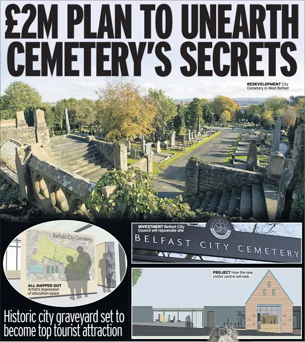  ??  ?? ALL MAPPED OUT Artist’s impression of education space INVESTMENT Belfast City Council will rejuvenate site REDEVELOPM­ENT City Cemetery in West Belfast PROJECT How the new visitor centre will look