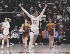  ?? AP PHOTO/JEFF CHIU ?? Stanford forward Kiki Iriafen (44) celebrates after Stanford defeated Iowa State in overtime of a second-round college basketball game in the women’s NCAA Tournament in Stanford, Calif., on Sunday.