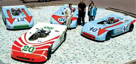  ??  ?? Below: Newly-appointed designer Tony Lapine was the mastermind behind the eye-catching ‘arrow’ graphics seen on the Gulf-backed 908s used in the Targa Florio