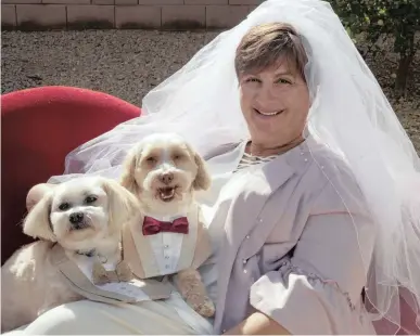  ??  ?? LILLY Smartelli with her dogs, Spinner, left, and Bernie. Smartelli always wanted a “big Italian wedding”. But with no fiancé in sight, she’ll symbolical­ly marry her dog Bernie, hoping to draw attention to organ donation and supporting dog shelters. |