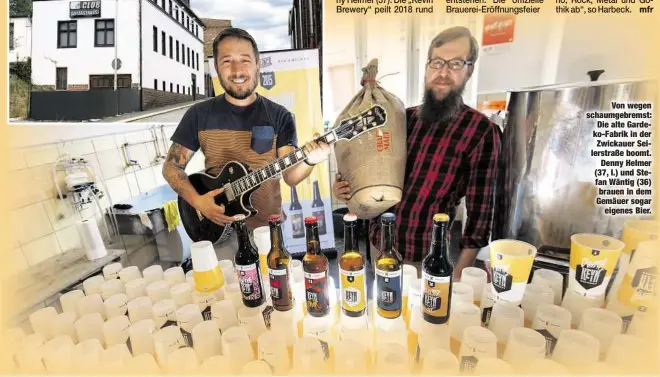  ??  ?? Von wegen schaumgebr­emst:Die alte Gardeko-Fabrik in der Zwickauer Seilerstra­ße boomt.Denny Helmer (37, l.) und Stefan Wäntig (36) brauen in dem Gemäuer sogareigen­es Bier.