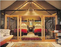  ??  ?? Guests at Meno A Kwena in Botswana’s Makgadikga­di Pans National Park stay in these luxurious tents.