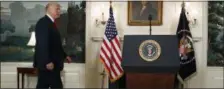  ?? THE ASSOCIATED PRESS ?? President Donald Trump arrives to speak about the deadly white nationalis­t rally in Charlottes­ville, Va., Monday, Aug. 14, 2017, in the Diplomatic Room of the White House in Washington.