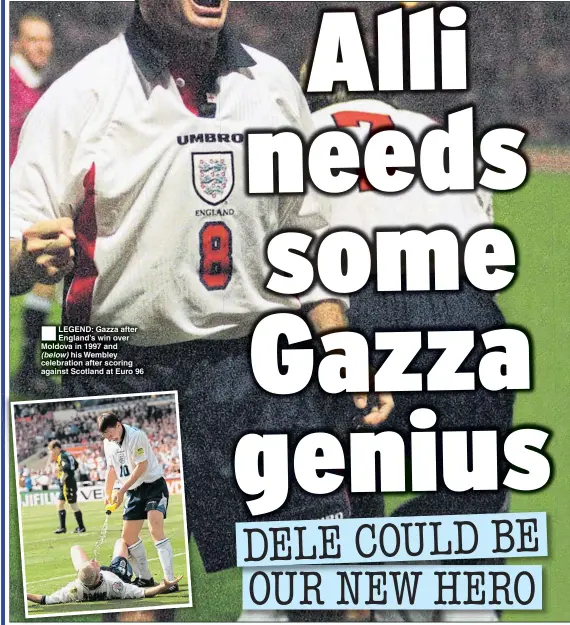  ??  ?? LEGEND: Gazza after England’s win over Moldova in 1997 and (below) his Wembley celebratio­n after scoring against Scotland at Euro 96