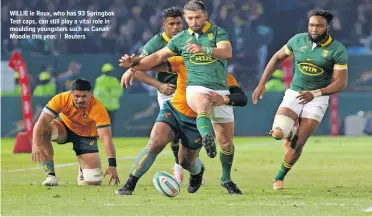  ?? ?? WILLIE le Roux, who has 93 Springbok Test caps, can still play a vital role in moulding youngsters such as Canan Moodie this year. | Reuters