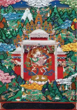  ??  ?? A thangka of one of the guardians of Buddhism by Khedrup Gyatso.