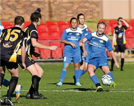  ?? Photo: Kevin Farmer ?? ON TARGET: Chloe Hutton scores for the South West Queensland Thunder in the NPLWQ game against Mudgeeraba last season. Hutton featured in the Thunder’s senior squad after an excellent run of form in the juniors.