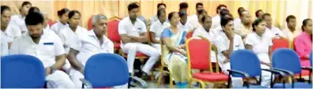  ??  ?? An awareness programme on HIV/AIDS being conducted by the AIDS Foundation } Lanka for the junior staff of the Sri Jayewarden­epura Hospital in June this year.