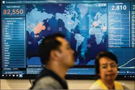  ?? MAX WHITTAKER / NEW YORK TIMES ?? Coronaviru­s stats are displayed Thursday at the California Department of Public Health Medical Health Coordinati­ng Center in Sacramento. The virus has led to a market drop, but experts advise making only minor adjustment­s in your portfolio.