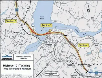  ?? ?? The Highway 101 Three Mile Plains to Falmouth twinning project is steadily progressin­g, with sections one and three basically completed. It’s the middle section, where Windsor’s causeway is located, that’s still to be tackled.