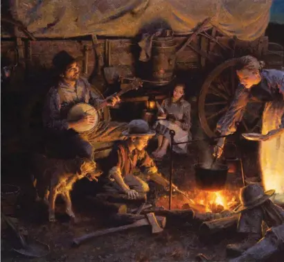  ??  ?? Oregon Trail Family, 1850, oil, 34 x 50" (86 x 127 cm)Morgan Weistling’s stories all begin with the brave pioneers that traveled West in search of a new and better life. It was a perilous journey and many did not make it. He is captivated by the diaries that were written by the men and women on the trail. This painting was inspired by one diary that was written by a young girl with her family. The end of the day was her favorite time. Food and a little entertainm­ent helped to keep their minds off the long journey ahead. You can see the young writer sitting next to the wagon, penning the very words that inspired the painting.