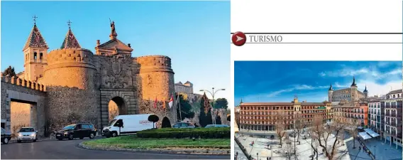  ??  ?? La famosa Puerta Bisagra, principal entrada a la ciudad amurallada; el Zocodover, la plaza que reúne a todos los turistas; papas rotas, simple y delicioso, y el BO 105 que descansa en el techo del Alcázar de Toledo. Todo un símbolo. FOTO: DAVID BLÁZQUEZ TURISMO DE CASTILLA-LA MANCHA