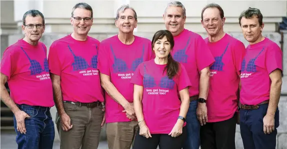  ?? Picture: STEVE REIGATE ?? Breast cancer charity founder Nina Barough with Richard Galloway, Giles Cooper, Glenn Cooper, Dave Talbot, Mike Greenhalgh and David Aggett