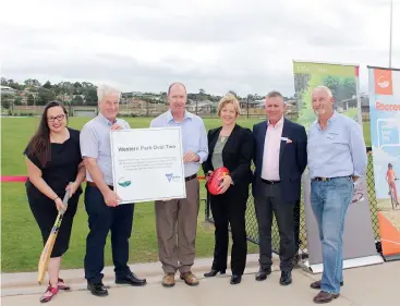  ??  ?? Marking the official opening of the second oval at Western Park in Warragul were, from left, Member for Eastern Victoria Harriet Shing, member of the former Western Park committee of management Tony Flack, Peter Croft from Western Park cricket club, Mayor Cr Mikaela Power, deputy mayor Danny Goss and Cr Peter Kostos.