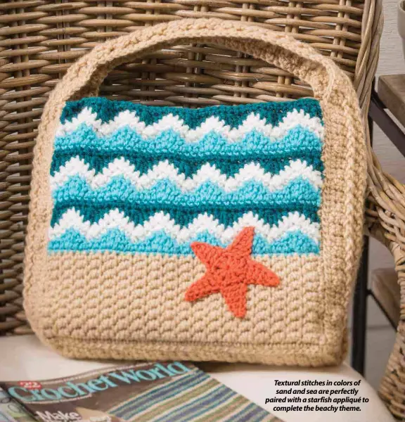  ??  ?? Textural stitches in colors of sand and sea are perfectly paired with a starfish appliqué to complete the beachy theme.