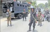 ?? AP ?? Sri Lankan police officers stand guard in Ambatenna.
