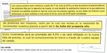  ??  ?? Las cartas. En las misivas, Whirlpool y Mabe avisan de los nuevos precios para el 1 de julio.