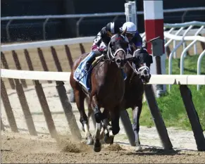  ?? ROBERT MAUHAR/NYRA ?? Global Campaign with jockey Luis Saez up edged Sir Winston (inside) and Joel Rosario to capture the May 11 G3 Peter Pan Stakes at Belmont Park.