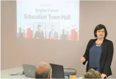  ??  ?? Carla Beck, a Saskatchew­an NDP MLA and party education critic, speaks to a packed room about the results of an education survey the NDP commission­ed over the summer, during an education town hall on Oct. 17. Photo by Jason G. Antonio