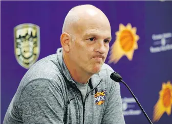  ?? MATT YORK, THE ASSOCIATED PRESS ?? Jay Triano speaks to reporters Monday in Phoenix for the first time since being named the Suns new head coach. Triano’s Suns beat the Sacrament Kings 117-115 later that night.