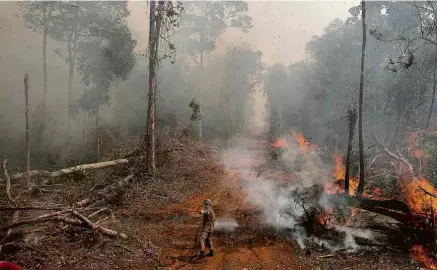  ?? Amanda Perobelli -4.set.2019/Reuters ?? Bombeiro apaga incêndio em floresta na cidade de União do Sul, em Mato Grosso