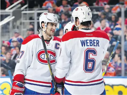  ?? ANDY DEVLIN/NHLI VIA GETTY IMAGES ?? Max Pacioretty, left, is captain but Shea Weber is able to offer a different style of leadership for the Canadiens.