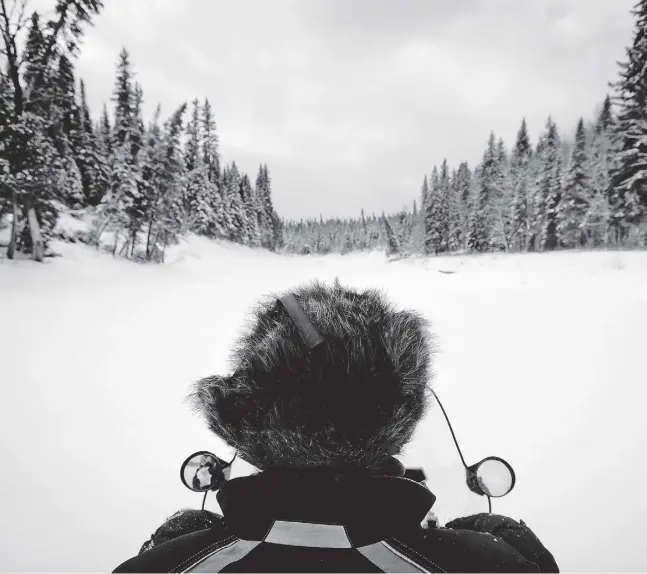  ?? Tyler Anderson / Nati
ona
l Post ?? Snowmobile­s are the only form of transporta­tion along the Onakawana River toward the black spruce forest where William Tozer has set his trapline.