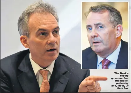  ??  ?? The Bank’s deputy governor Ben Broadbent yesterday and, inset, Dr Liam Fox