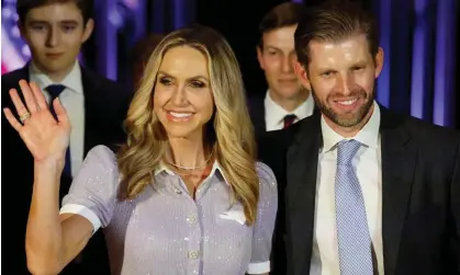  ?? Photograph: Jonathan Ernst/Reuters ?? Lara and Eric Trump at former president Donald Trump’s campaign launch at Mar-a-Lago. Australian mining billionair­e Gina Rinehart was seen in the background of a photo he posted to Instagram.