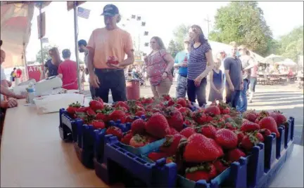  ?? JONATHAN TRESSLER — THE NEWS-HERALD ?? Visitors to he 59th annual Kirtland Kiwanis Strawberry Festival line up to get the goods: everything from strawberry shortcakes and chocolate-covered strawberri­es to sundaes and supremes festooned with the festival’s favorite fruit.