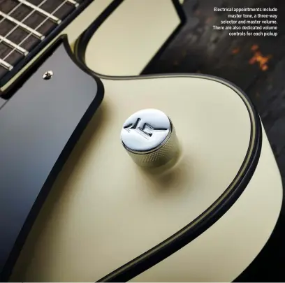  ??  ?? Electrical appointmen­ts include master tone, a three-way selector and master volume. There are also dedicated volume controls for each pickup