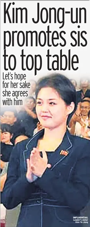  ??  ?? INFLUENTIA­L Leader’s sister Kim Yo Jong