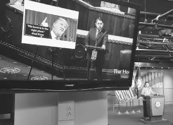  ??  ?? A live CSPAN feed from the House Chamber plays on a monitor as House Minority Leader Nancy Pelosi (D-CA) speaks to the media during her weekly news conference at the US Capitol October 26, in Washington, DC. Moments before Leader Pelosi spoke the House...