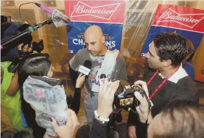  ?? GETTY IMAGES ?? PARTY GUY: Alex Cora speaks after the Astros’ World Series win Wednesday night.