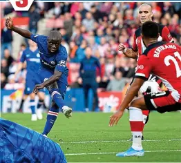  ?? ACTION IMAGES/REUTERS ?? Too easy: Kante’s deflected strike puts Chelsea 3-1 up and Batshuayi adds late gloss