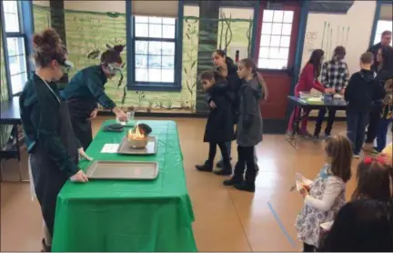  ?? CHAD FELTON — THE NEWS-HERALD ?? Sisters Sophia Parke, left, Sylvia Parke and their mother, Marcella, center, observe Outdoor Education Specialist­s Olivia Ivans, far left, and Vanessa Fernandez-Herak conduct a “Black Snake” experiment — lighting fire to a mixture of baking soda and sugar over sand dampened with lighter fluid, which creates ash resembling a snake — at Lake Metroparks Environmen­tal Learning Center in Concord Township during Science Day on Feb. 18. More than 200 youths attended the event.