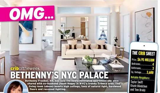  ??  ?? Bethenny Frankel, 45, has sold the newly renovated apartment she once shared with ex-husband Jason Hoppy in NYC’S trendy Tribeca area. The living room (above) boasts high ceilings, tons of natural light, hardwood floors and recessed lighting.