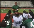  ?? MARK PODOLSKI — THE NEWS-HERALD ?? First-year Lake Erie coach Reilly Murphy addresses his team following an afternoon practice on Aug. 12 at Jack Britt Stadium in Painesvill­e.