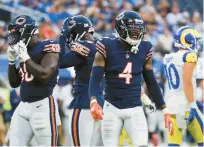  ?? CHICAGO TRIBUNE ?? Eddie Jackson (4) has not had an intercepti­on since 2019.“We want to see his skill-set moves,” said Bears coach Matt Eberflus.