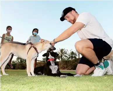  ??  ?? Edward Riley, a British resident of Qatar, plays with one of his rescue dogs at a park in the Qatari capital Doha. — All pictures/AFP