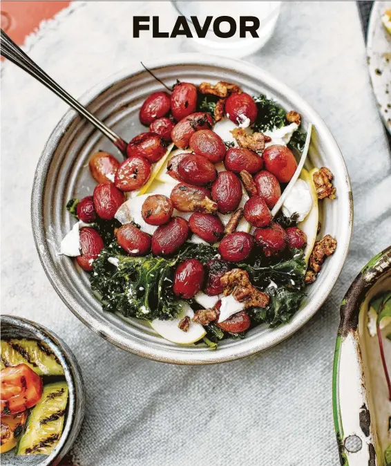  ?? Luisa Brimble / Prestel ?? In Waldorf-esque Salad with Roasted Grapes, the fruit gives the familiar dish a more subtle and refined flavor. Below, Braised Chorizo with Grapes gives the Italian classic of sausages braised with grapes a Mexican-inspired twist. These recipes and more, page D4