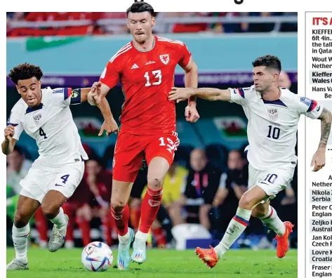  ?? GETTY IMAGES ?? Real handful: Kieffer Moore battles past Christian Pulisic (right) and Tyler Adams