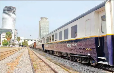  ?? TEP SONY ?? A train sits on the tracks outside the Phnom Penh train station in March. The country’s transporta­tion minister claimed on Tuesday that the feasibilit­y study for a proposed sky train would be finished this year or next.