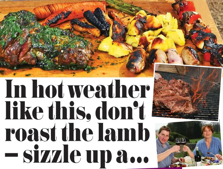  ?? Pictures: BRUCE ADAMS ?? Feast al fresco: Brian’s Easter spread. Inset top: Lamb on the grill, and above, Brian tucking in with his wife, Jane